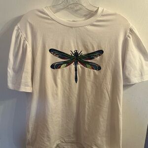 On Twelfth Top Women's L White Shirt Embroidered Dragonfly